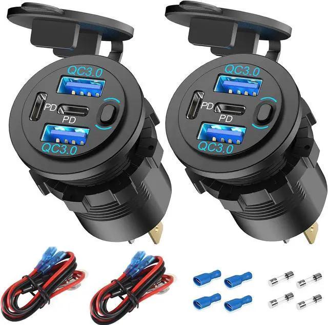 Main image of 2 Pack 12V USB Outlet 4 Port Car Charger 78W Super Fast Dual PD3.0 & QC3.0 Multiple USB Port for Car USB C Cigarette Lighter Replacement 12 Volt Socket Waterproof for Marine Boat Motorcycle RV Golf