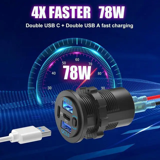 Alt view image 2 of 7 - 2 Pack 12V USB Outlet 4 Port Car Charger 78W Super Fast Dual PD3.0 & QC3.0 Multiple USB Port for Car USB C Cigarette Lighter Replacement 12 Volt Socket Waterproof for Marine Boat Motorcycle RV Golf