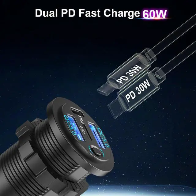 Alt view image 4 of 7 - 2 Pack 12V USB Outlet 4 Port Car Charger 78W Super Fast Dual PD3.0 & QC3.0 Multiple USB Port for Car USB C Cigarette Lighter Replacement 12 Volt Socket Waterproof for Marine Boat Motorcycle RV Golf