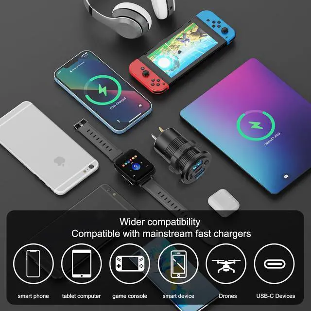 Alt view image 7 of 7 - 2 Pack 12V USB Outlet 4 Port Car Charger 78W Super Fast Dual PD3.0 & QC3.0 Multiple USB Port for Car USB C Cigarette Lighter Replacement 12 Volt Socket Waterproof for Marine Boat Motorcycle RV Golf