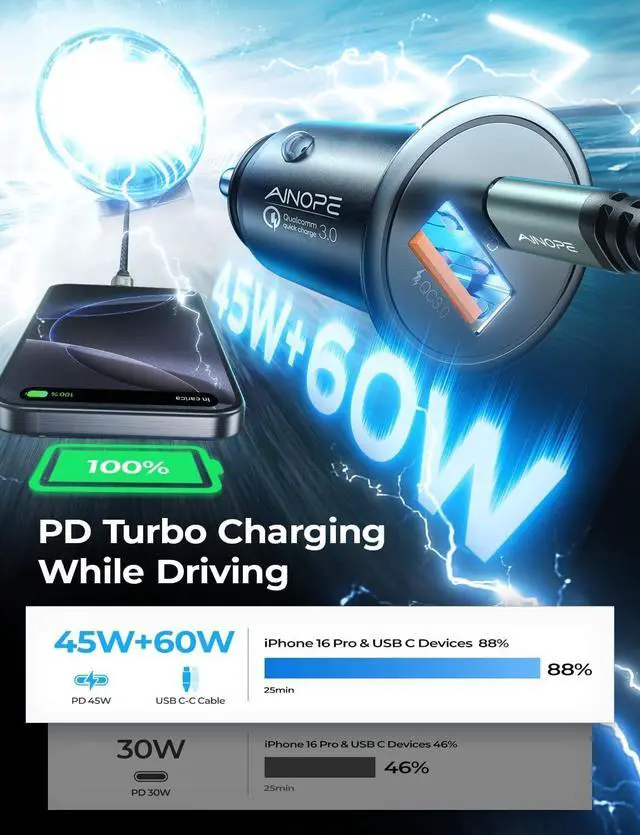 Alt view image 3 of 7 - 67.5W Car Charger USB C Fast Charging iPhone 16 15 Pro Max Air PD 45W All Metal Dual Port Cigarette Lighter Adapter for 17 Pro Max iPhone 16 15 Air Pixel 10  Galaxy S25 Android Black