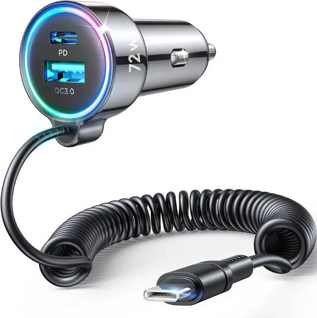 Main image of USB C 72W Car Charger for iPhone 16 Pro Max Plus PD & QC3.0 w/5 ft 36W Type C Coiled Cable Fast Car Phone Charger Adapter for iPhone 15 Pro  Galaxy S24/S23/S22 Pixel/Moto/LG/Android iPad