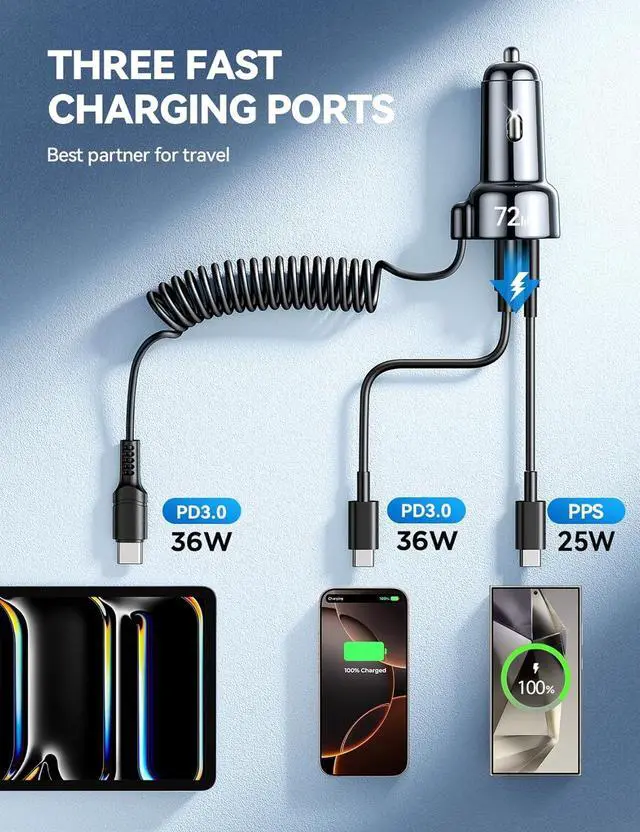 Alt view image 3 of 7 - USB C 72W Car Charger for iPhone 16 Pro Max Plus PD & QC3.0 w/5 ft 36W Type C Coiled Cable Fast Car Phone Charger Adapter for iPhone 15 Pro  Galaxy S24/S23/S22 Pixel/Moto/LG/Android iPad