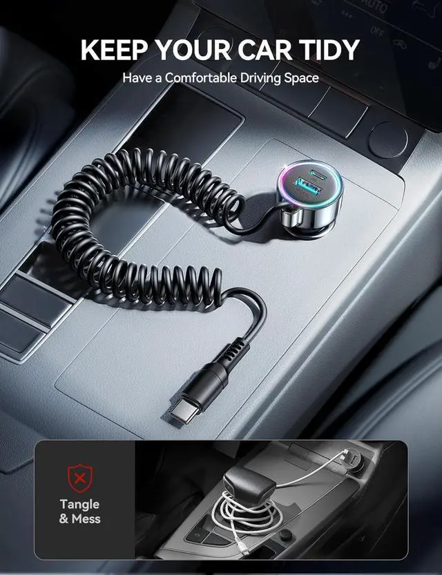 Alt view image 6 of 7 - USB C 72W Car Charger for iPhone 16 Pro Max Plus PD & QC3.0 w/5 ft 36W Type C Coiled Cable Fast Car Phone Charger Adapter for iPhone 15 Pro  Galaxy S24/S23/S22 Pixel/Moto/LG/Android iPad