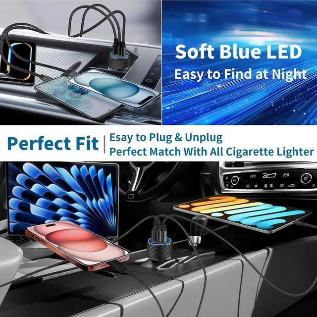 Alt view image 7 of 7 - USB C Car Charger 2Pack 3-Port 67W Dual PD USB-C&USB-A Car Power Cigarette Lighter USB Charger 3 in 1 PD/QC Type C Fast Car Charging for iPhone 16 16 Pro 15 14 13 12/Galaxy S24 S23/Pixel/iPad