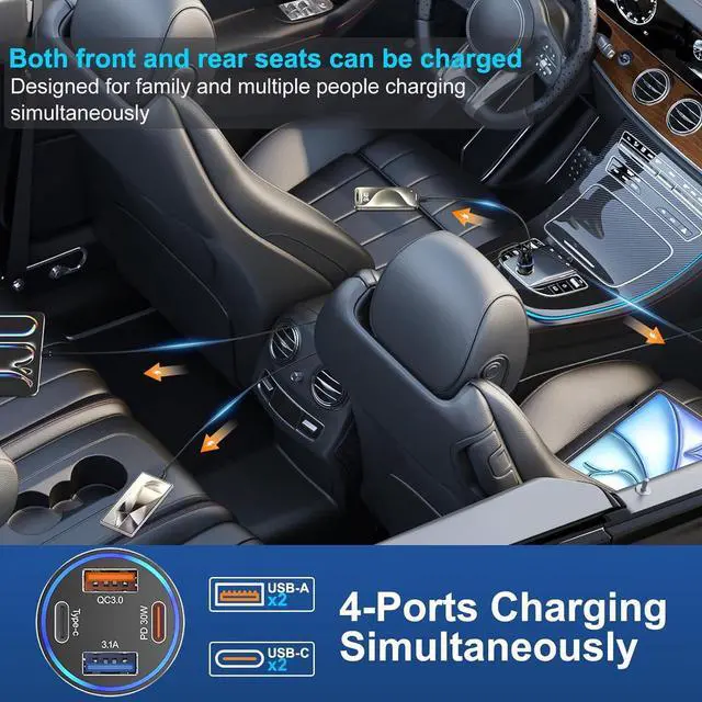 Alt view image 4 of 7 - USB C Car Charger 2Pack 65W 4-Port USB-C Cigarette Lighter Adapter Fast Car Phone Charger Multiport PD 3.0 & QC Type C Car Charger for iPhone 16/15/14/13/12/11/Pro Max iPad  Galaxy