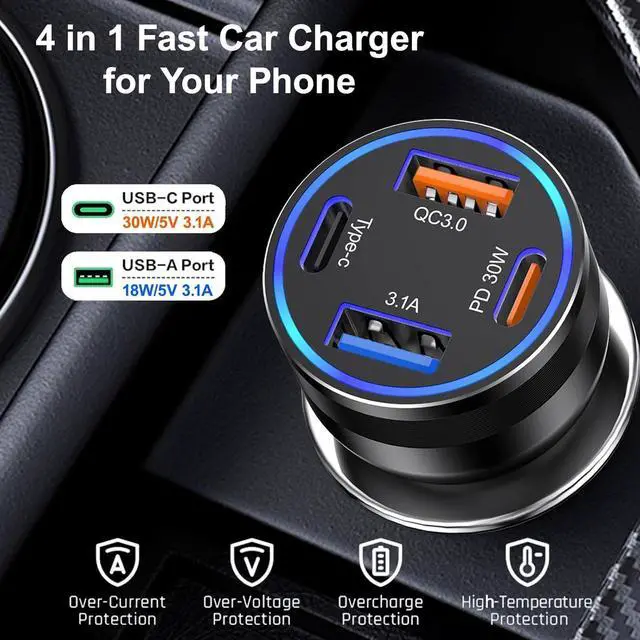 Alt view image 6 of 7 - USB C Car Charger 2Pack 65W 4-Port USB-C Cigarette Lighter Adapter Fast Car Phone Charger Multiport PD 3.0 & QC Type C Car Charger for iPhone 16/15/14/13/12/11/Pro Max iPad  Galaxy