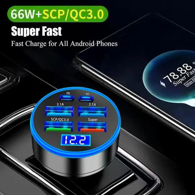 Alt view image 5 of 7 - Super Fast Charge USB C Car Phone Charger Adapter 6 in 1 with Voltage Display 250W Multi Port Cigarette Lighter USB Charge for iPhone 16 15 14 13 12 11  Galaxy  Oneplus Oppo Vivo