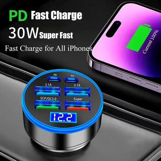 Alt view image 6 of 7 - Super Fast Charge USB C Car Phone Charger Adapter 6 in 1 with Voltage Display 250W Multi Port Cigarette Lighter USB Charge for iPhone 16 15 14 13 12 11  Galaxy  Oneplus Oppo Vivo
