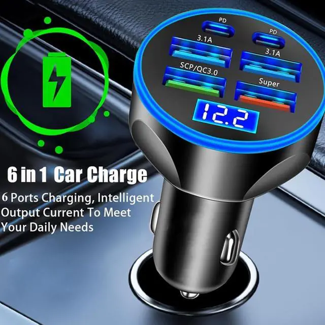 Alt view image 7 of 7 - Super Fast Charge USB C Car Phone Charger Adapter 6 in 1 with Voltage Display 250W Multi Port Cigarette Lighter USB Charge for iPhone 16 15 14 13 12 11  Galaxy  Oneplus Oppo Vivo