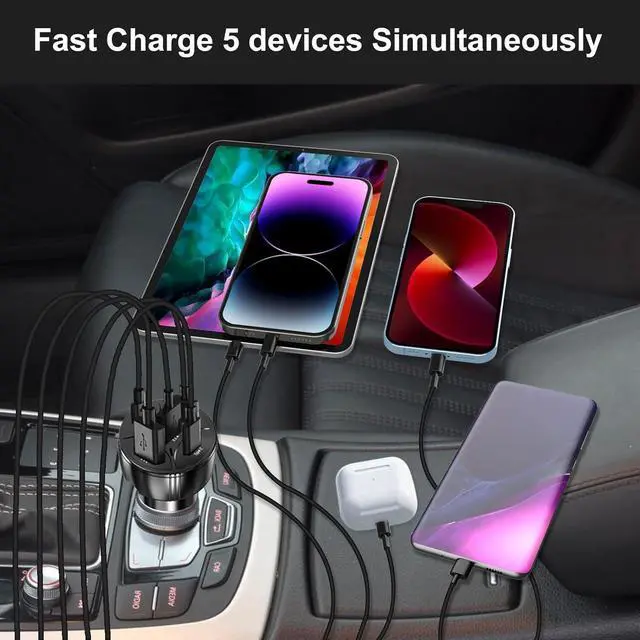 Alt view image 2 of 7 - USB C Car Charger Adapter 5 Ports 75W PD 3.0 Car Phone Charger Fast Charging Compatible with iPhone 16/15/14/13 Pro Max Series iPad Pro Galaxy S24/S23/S22/Note 20 Android Pixel.