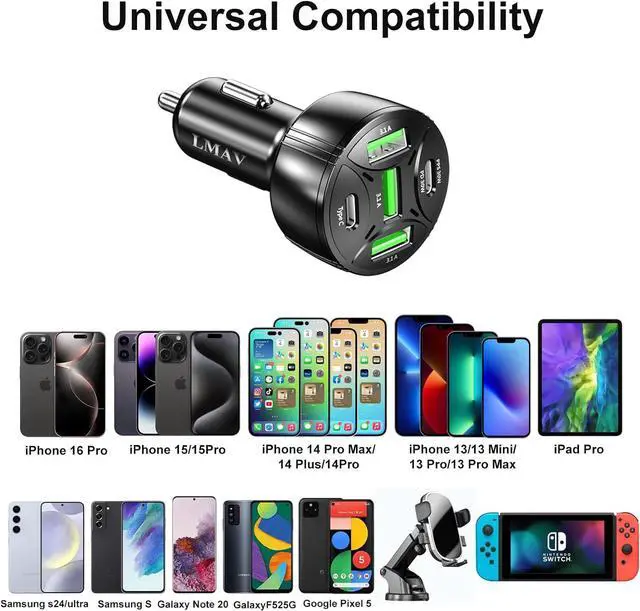 Alt view image 4 of 7 - USB C Car Charger Adapter 5 Ports 75W PD 3.0 Car Phone Charger Fast Charging Compatible with iPhone 16/15/14/13 Pro Max Series iPad Pro Galaxy S24/S23/S22/Note 20 Android Pixel.