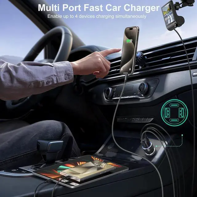 Alt view image 5 of 7 - USB C Car Charger 3 Pack 4-Port 65W Dual 12V USB-C & USB A Car Charger Power Adapter QC+PD 3.0 Fast Charging Cigarette Lighter Plug for iPhone 16/15/14/13/11 Pro  S24 Android(Black)