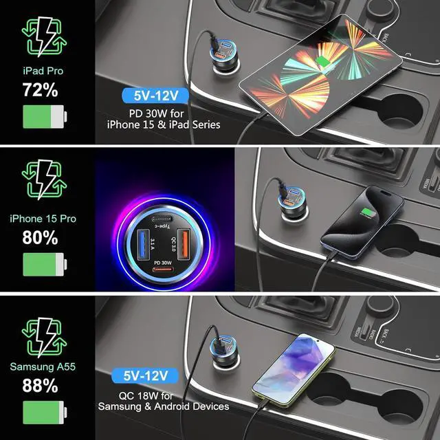 Alt view image 5 of 7 - Car Charger Adapter 5 Pack 65W Multi Port 12V USB C & USB A Car Charger PD+QC 3.0 Fast Charging Cigarette Lighter USB Adapter Plug for iPhone 16 15 14 13 Pro Max iPad  Android(Black)