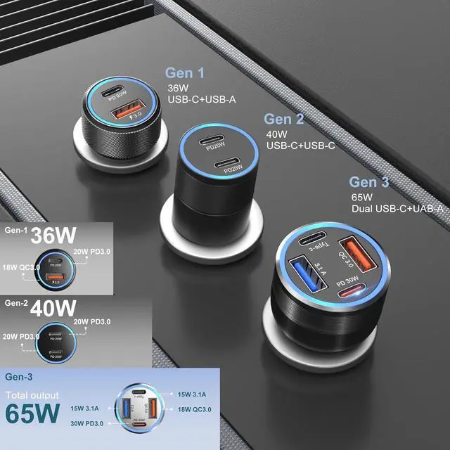 Alt view image 6 of 7 - USB C Car Charger 3 Pack 4-Port 65W Dual 12V USB-C & USB A Car Charger Power Adapter QC+PD 3.0 Fast Charging Cigarette Lighter Plug for iPhone 16/15/14/13/11 Pro  S24 Android(Black)