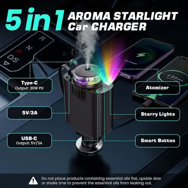 Alt view image 4 of 7 - Retractable Car Charger with Aromatherapy and Starlight 5 in 1 USB C Car Charger for iPhone 16 15 14 13 12 11 Fast Charging Compatible with iPhone Android (Black)