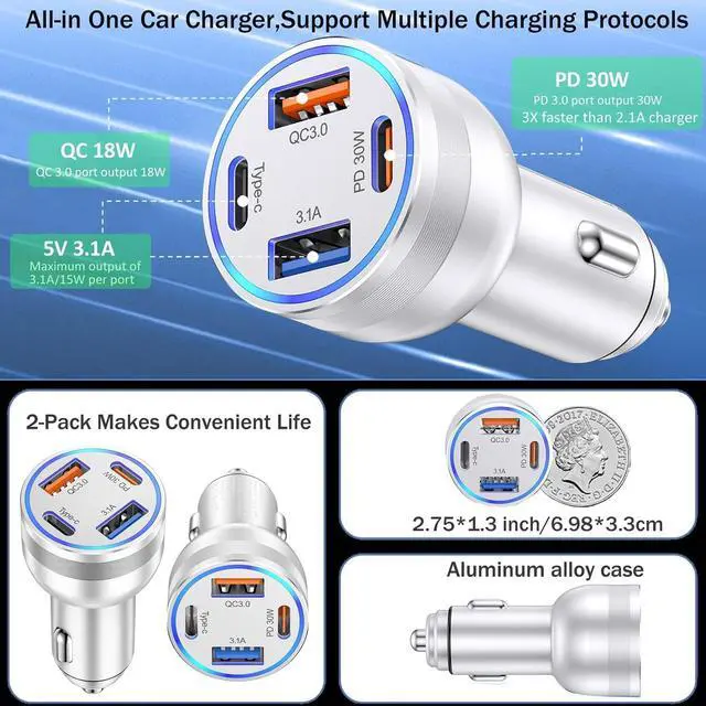 Alt view image 5 of 7 - [2-Pack] Car Charger USB C 4 in 1 65W Fast Charging 4-Port Dual USBC & USB A Car Phone Charger Cargador Carro Lighter Adapter for iPhone 16e 16 15 14 13 12 Pro Max iPad  Tablet Android