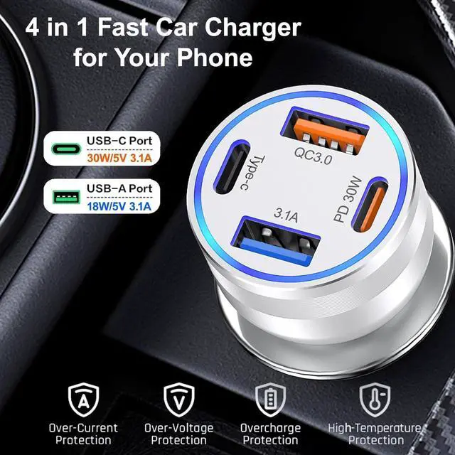 Alt view image 7 of 7 - USB C Car Charger 5 Pack 4-Port 65W Dual USB-C & USB-A Fast Car Phone Charger Adapter PD/QC Fast Charging Car Cigarette Lighter for iPhone 16 15 14 13 12 Pro Max  Galaxy iPad