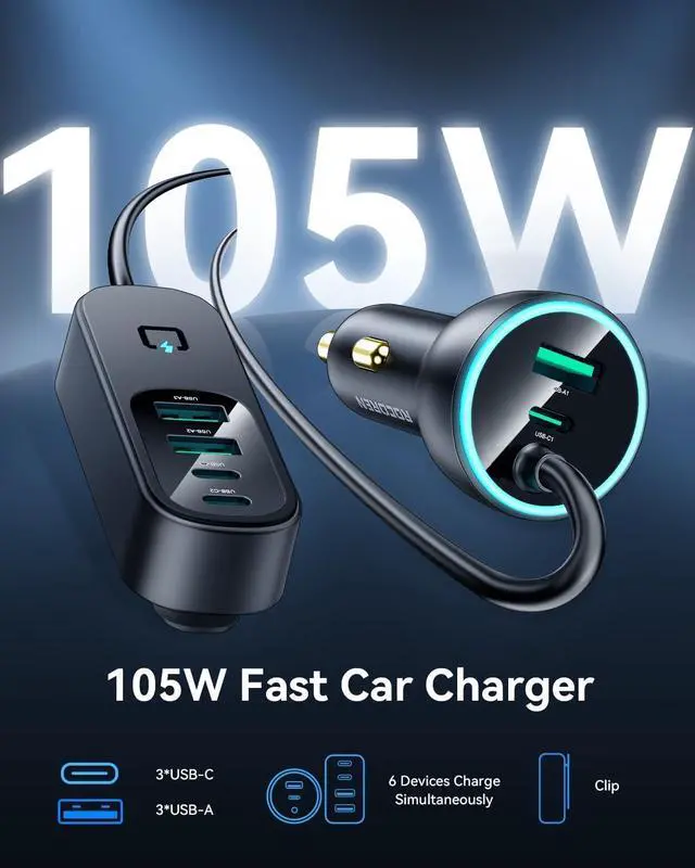 Alt view image 2 of 7 - Rocoren 105W 6-Port Multiport Car Charger, PD Fast USB C Car Charger for Multiple Devices,Cigarette Lighter Adapter Car Travel Essentials for Road Trips with 5FT Cable,Car Accessories for 17 iPhone 16