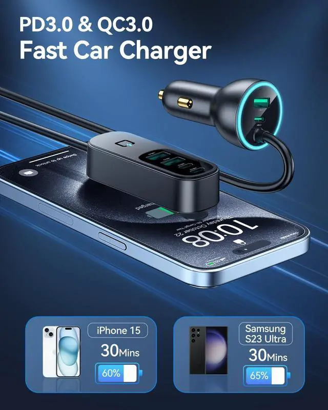 Alt view image 4 of 7 - Rocoren 105W 6-Port Multiport Car Charger, PD Fast USB C Car Charger for Multiple Devices,Cigarette Lighter Adapter Car Travel Essentials for Road Trips with 5FT Cable,Car Accessories for 17 iPhone 16