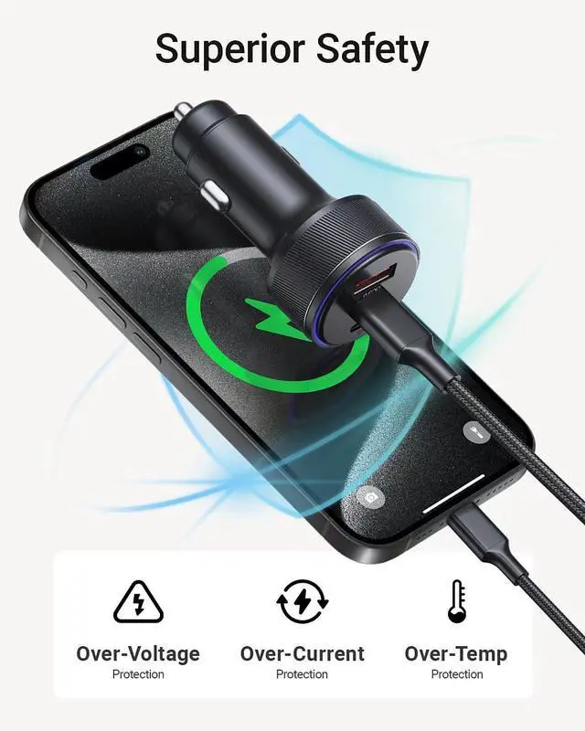 Alt view image 4 of 6 - AKNSN 90W USB-C & USB-A Car Charger 3-Port Fast Charging PD3.0 & QC3.0 Compatible with iPhone 16/15/14/13 Pro Max iPad MacBook  Google Pixel More