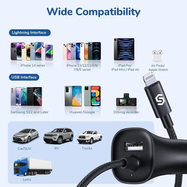 Alt view image 7 of 7 - [ MFi Certified] Syncwire iPhone Car Charger 32W Super Fast Car Phone Charger Cigarette Lighter USB Car Adapter with Build-in 5FT Coiled Lightning Cable for  iPhone 14/13/12/11/XR/Max iPad