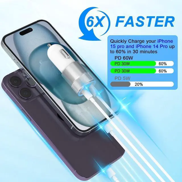 Alt view image 4 of 7 - iPhone Car Charger Fast Charging [ MFi Certified] 60W Dual USB-C Power Cigarette Lighter Car Charger+Type-C Cable&Lightning Cable for iPhone 16 15 14 13 12 Pro Plus XS XR iPad  Carplay