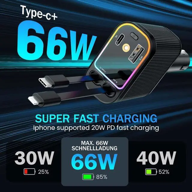 Alt view image 3 of 6 - 4 in 1 Retractable Car Chargers with Starlight, 66W USB C Fast Car Charger Adapter with 2 USB Ports for All iPhone 15/14/13/12/11 and for All Android (Dark Black - PurpleLight)