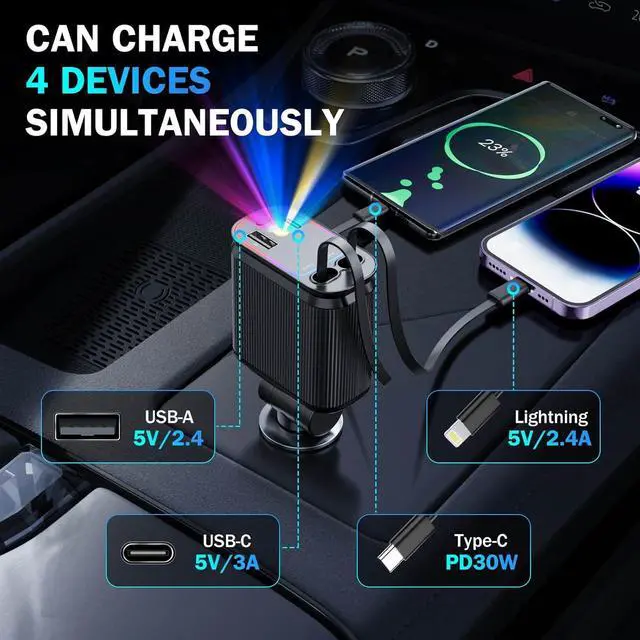 Alt view image 4 of 6 - 4 in 1 Retractable Car Chargers with Starlight, 66W USB C Fast Car Charger Adapter with 2 USB Ports for All iPhone 15/14/13/12/11 and for All Android (Dark Black - PurpleLight)