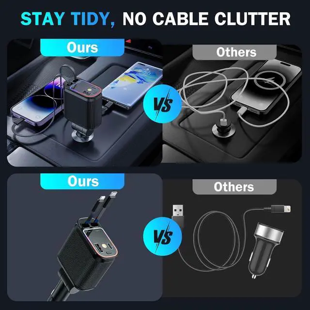 Alt view image 6 of 6 - 4 in 1 Retractable Car Chargers with Starlight, 66W USB C Fast Car Charger Adapter with 2 USB Ports for All iPhone 15/14/13/12/11 and for All Android (Dark Black - PurpleLight)