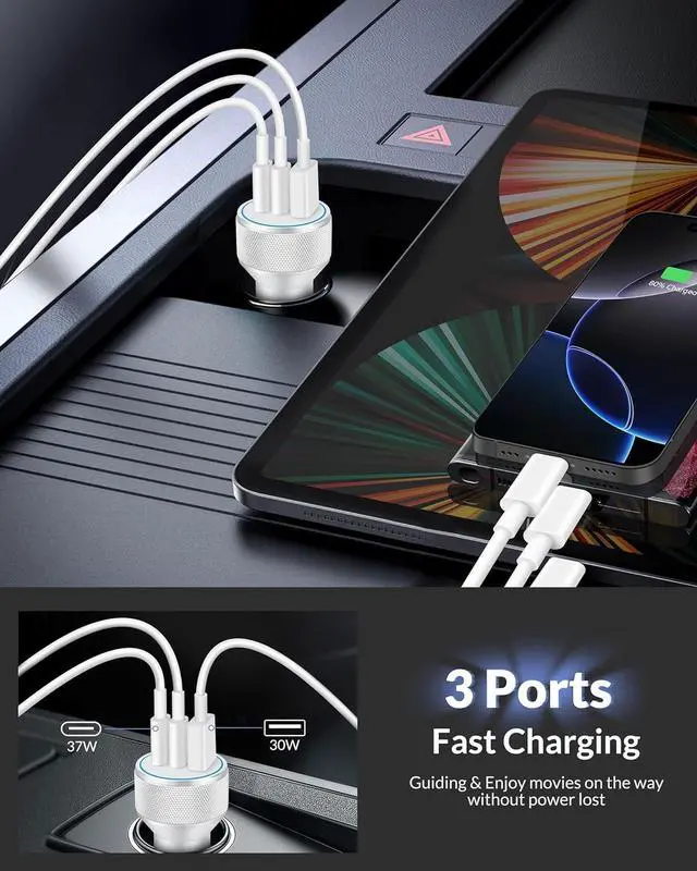 Alt view image 3 of 7 - 67W 3-Port Fast Car Charger for iPhone 16/15 Pro Max, 2-Pack 67Watt USB C Car Charger Adapter Cigarette Lighter & 2x3FT USB-C to C Cable Fast Charging for iPhone 16/16 Pro/15/15 Pro Max/Plus, iPad