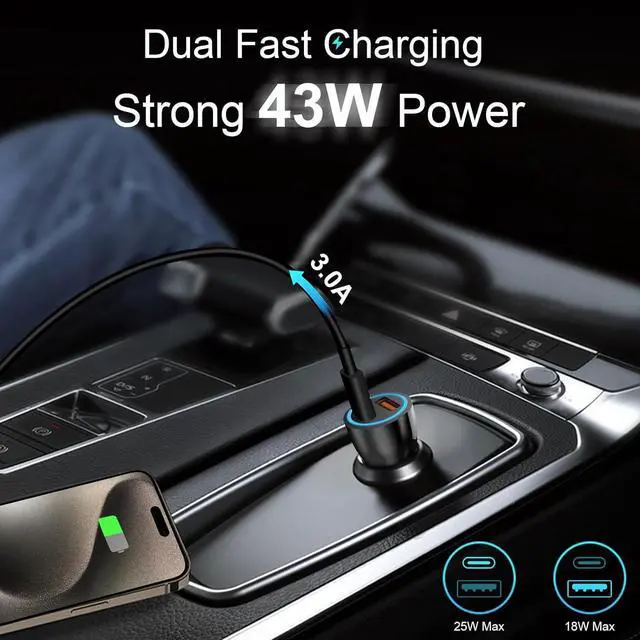 Alt view image 2 of 7 - iPhone 16 15 Car Charger [ MFi Certified] USB C Car Charger 43W Fast Charging with 3.3 FT USB C to USB C Cable PD USB-C & QC 3.0 USB Car Adapter for iPhone 16 15 Pro Max Plus