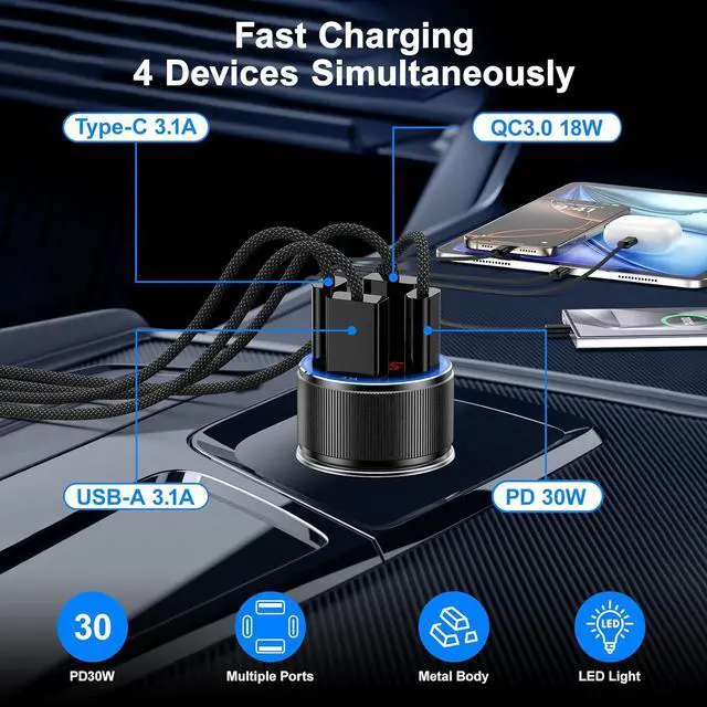 Alt view image 2 of 7 - Car Charger USB C 4 Ports Cigarette Lighter USB Charger USB C Car Adapter PD/QC Fast Charging with Voltmeter for iPhone 16 15 14 13 12 Galaxy S24 S23 A54 A15 Android Dash Cam 2Pack