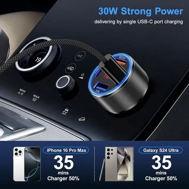 Alt view image 3 of 7 - Car Charger USB C 4 Ports Cigarette Lighter USB Charger USB C Car Adapter PD/QC Fast Charging with Voltmeter for iPhone 16 15 14 13 12 Galaxy S24 S23 A54 A15 Android Dash Cam 2Pack