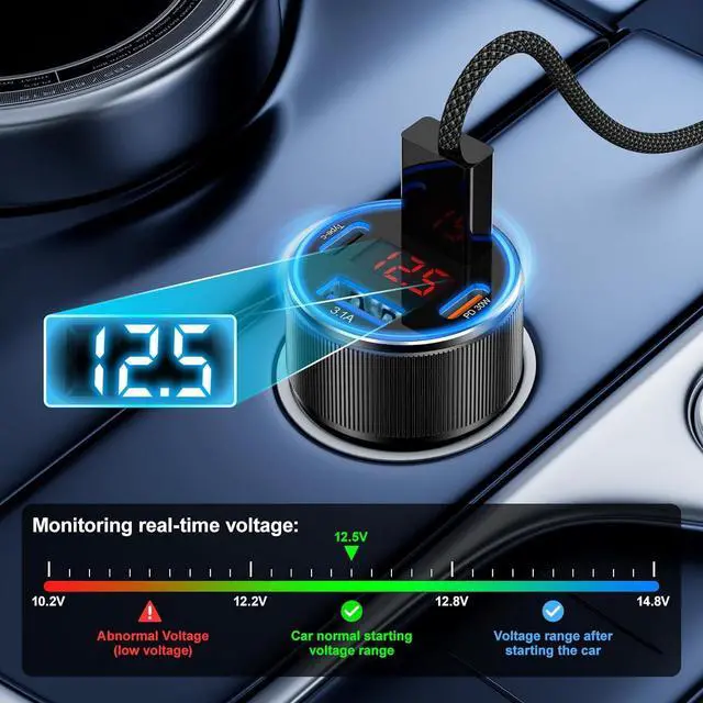 Alt view image 4 of 7 - Car Charger USB C 4 Ports Cigarette Lighter USB Charger USB C Car Adapter PD/QC Fast Charging with Voltmeter for iPhone 16 15 14 13 12 Galaxy S24 S23 A54 A15 Android Dash Cam 2Pack