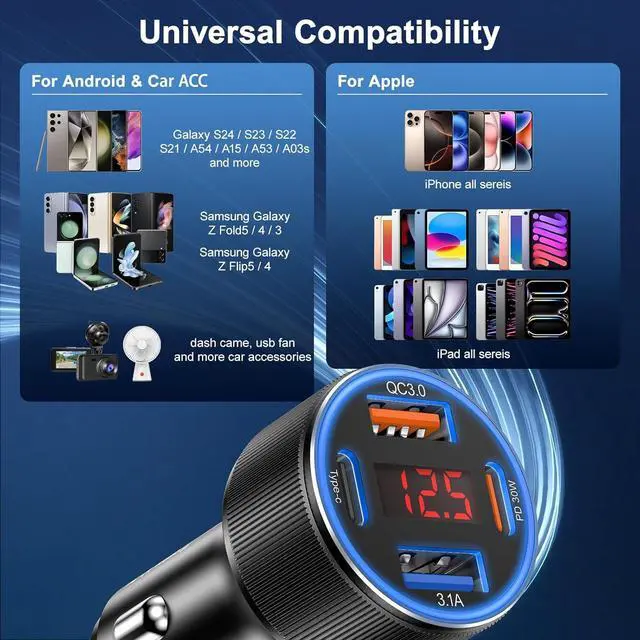 Alt view image 7 of 7 - Car Charger USB C 4 Ports Cigarette Lighter USB Charger USB C Car Adapter PD/QC Fast Charging with Voltmeter for iPhone 16 15 14 13 12 Galaxy S24 S23 A54 A15 Android Dash Cam 2Pack