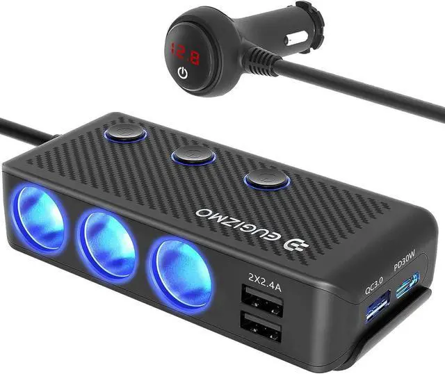 Main image of Cigarette Lighter Plug Splitter 3 Socket 200W Car Cigarette Lighter Adapter USB Charger Extension Cord Multi Port Power Plug 12V/24V Splitter with LED Voltage Display Independent Switches