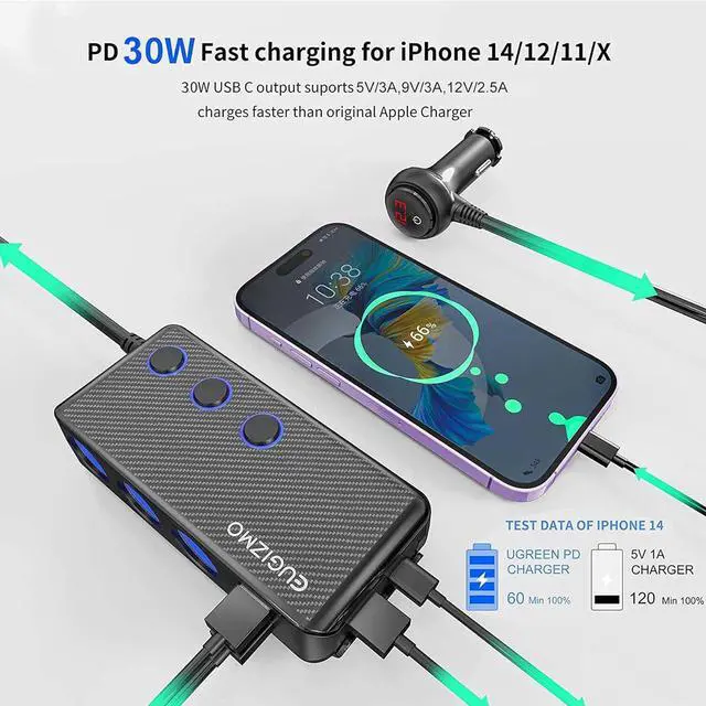 Alt view image 3 of 7 - Cigarette Lighter Plug Splitter 3 Socket 200W Car Cigarette Lighter Adapter USB Charger Extension Cord Multi Port Power Plug 12V/24V Splitter with LED Voltage Display Independent Switches
