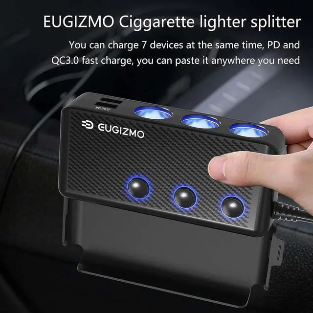 Alt view image 2 of 7 - Cigarette Lighter Plug Splitter 3 Socket 200W Car Cigarette Lighter Adapter USB Charger Extension Cord Multi Port Power Plug 12V/24V Splitter with LED Voltage Display Independent Switches