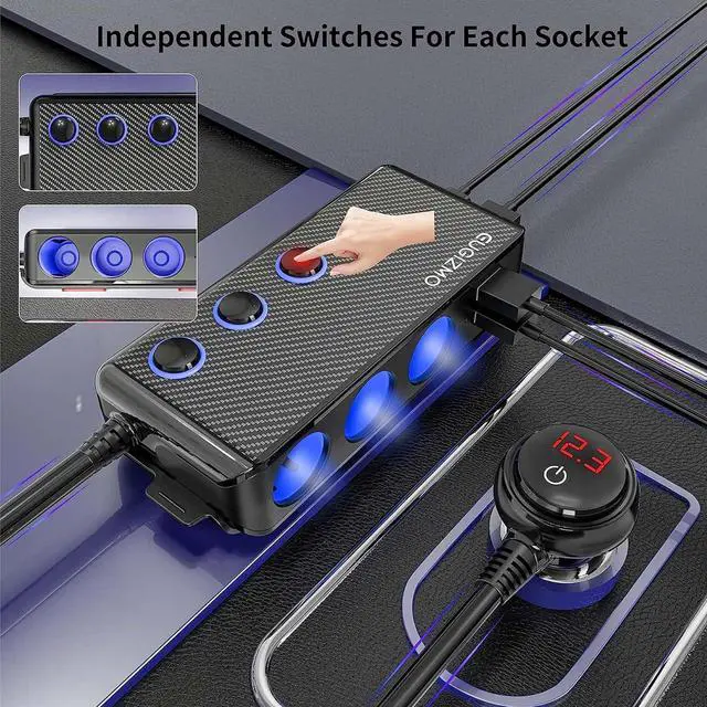 Alt view image 4 of 7 - Cigarette Lighter Plug Splitter 3 Socket 200W Car Cigarette Lighter Adapter USB Charger Extension Cord Multi Port Power Plug 12V/24V Splitter with LED Voltage Display Independent Switches