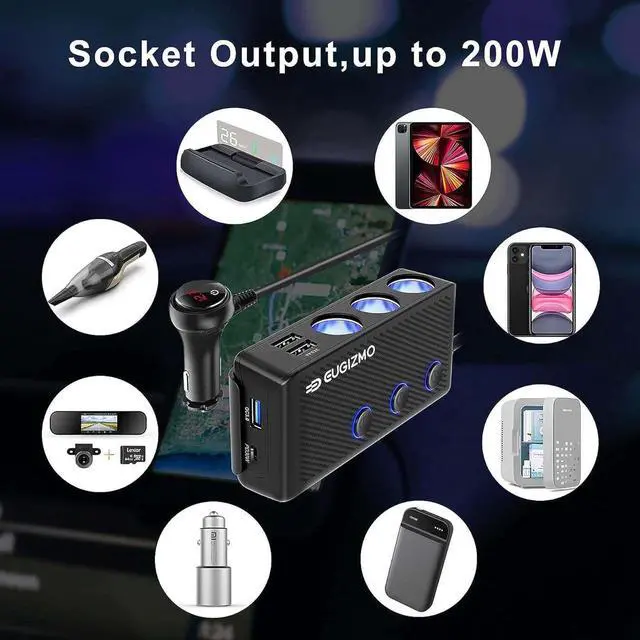 Alt view image 5 of 7 - Cigarette Lighter Plug Splitter 3 Socket 200W Car Cigarette Lighter Adapter USB Charger Extension Cord Multi Port Power Plug 12V/24V Splitter with LED Voltage Display Independent Switches