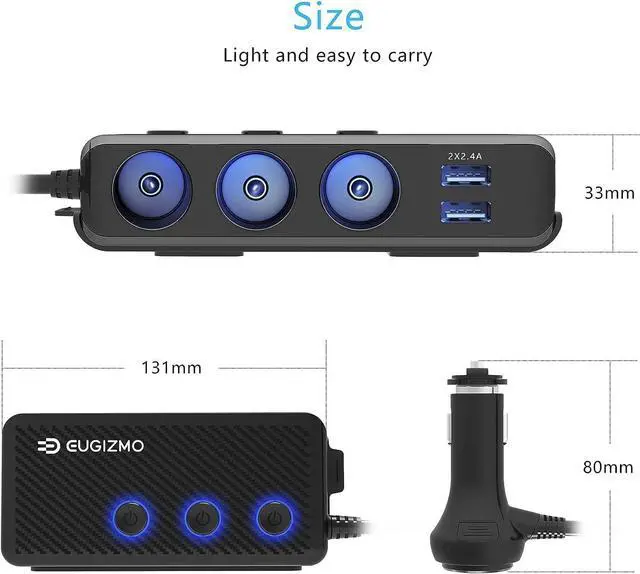 Alt view image 6 of 7 - Cigarette Lighter Plug Splitter 3 Socket 200W Car Cigarette Lighter Adapter USB Charger Extension Cord Multi Port Power Plug 12V/24V Splitter with LED Voltage Display Independent Switches