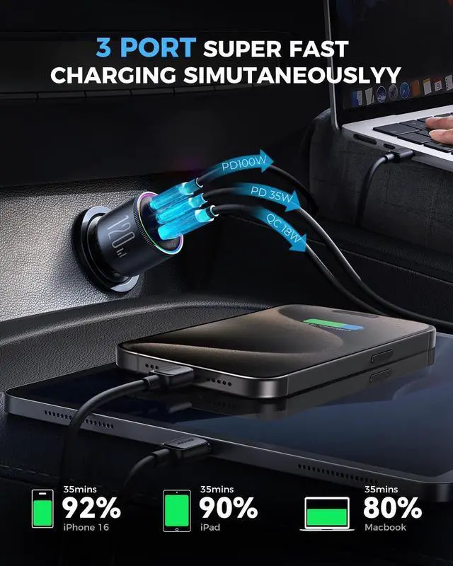 Alt view image 3 of 7 - 120W Super Fast Car Charger USB C 3-Port PD100W+PD35W Car Charger for iPhone 16 with USBC Cable Type C Fast Charging Adapter for iPhone 16e/15 Pro Max  Galaxy S25 S24 iPad Laptop