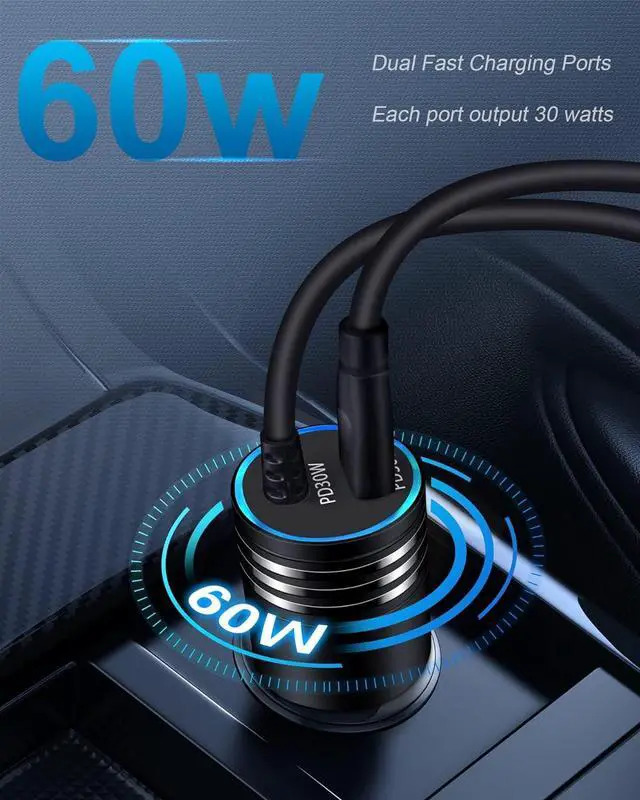 Alt view image 5 of 7 - iPhone 16e Car Charger USB C 60W Dual PD Super Fast Charging Car Adapter with Coiled USB-C Cable for  16 Pro Max/16 Pro/15 Plus/15 Pro iPad Mini/Air/Pro 11 13inch Type C cargador para for Car