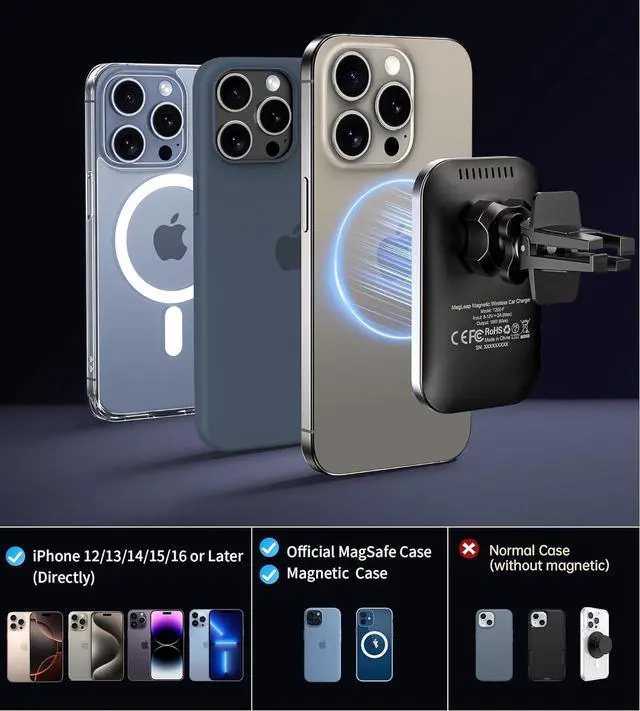 Alt view image 5 of 7 - for for MagSafe Car Mount Charger with Adapter 360° Rotation Magnetic Wireless iPhone Car Charger for Air Vent Compatible with iPhone 16/15/14/13/12 Series
