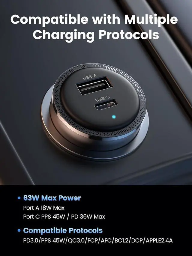 Alt view image 3 of 7 - UGREEN 63W USB C Car Charger Adapter, PPS 45W Super Fast Charging 2.0 Type C Car Charger Cargador para Carro, Dual USB C for iPhone 16/15/14/13/12, Galaxy S24/S23/S22/Series, iPad, MacBook