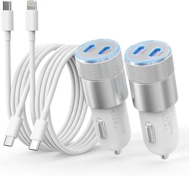 Main image of iPhone Car Charger Fast Charging [ MFi Certified] 60W Dual USB-C Power Cigarette Lighter Car Charger+Type-C Cable&Lightning Cable for iPhone 16 15 14 13 12 Pro Plus XS XR iPad  Carplay