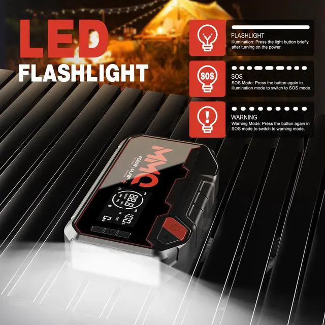 Alt view image 7 of 7 - 4-in-1 Multifunctional Jump Starter - 12000mAh Car Battery Charger Power Bank Air Compressor LED Light - 2400A Peak Current (Without EV Zipper Bag)