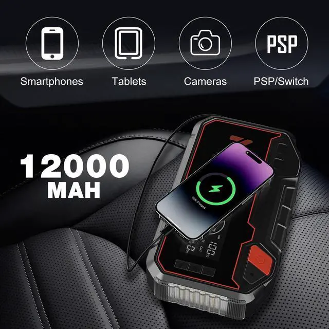 Alt view image 6 of 7 - 4-in-1 Multifunctional Jump Starter - 12000mAh Car Battery Charger Power Bank Air Compressor LED Light - 2400A Peak Current (Without EV Zipper Bag)