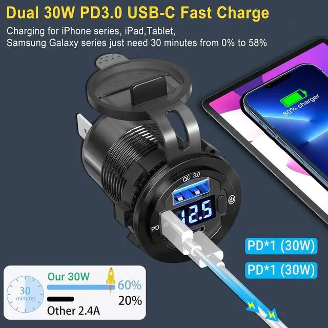 Alt view image 2 of 7 - USB C Car Charger Socket 12V USB Outlet 2 Pack: Aluminum Metal 78W Dual USB-C PD 30W and 18W QC3.0 Port Multi USB Charger Outlet with LED Voltmeter Power Switch for RV Motorcycle Boat Marine